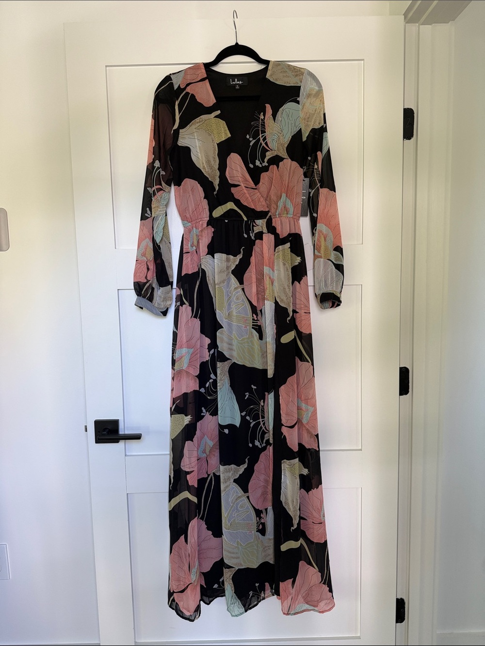 Lulu's Black Maxi Dress with Pink and Mint Floral Print